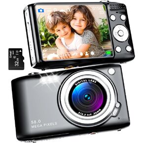 Digital Camera 4K, 64MP Autofocus Vlogging Device 16X Zoom, Compact Point and Shoot, Anti-Shake, Small Travel Camera for Adult Beginners and Teens, 32GB Card, 2 Batteries (Modern, Black) in Kuwait