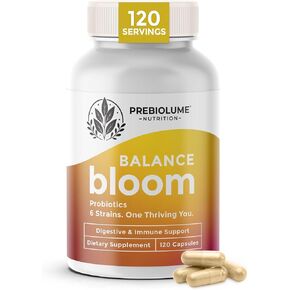 Balance Bloom Probiotics - 6 Strains Daily Synbiotic Supplement, Supports Digestive & Immune function, 750 Million CFU per Serving, Prebiotics (FOS & XOS), Gut-Brain Health, Shelf-stable, 120 Capsules in Saudi Arabia