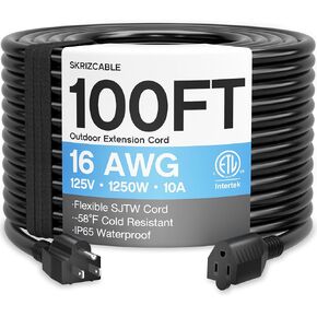 16/3 100 قدم سلك تمديد خارجي مقاوم للماء، مقاوم للطقس ومقاوم للهب أسود 3 سلك طاقة خارجي للحديقة والحديقة، 16AWG 10A 1250W 125V SJTW ETL مدرج in Kuwait