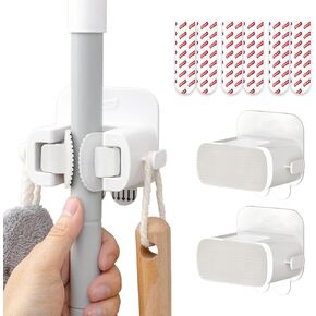 TAILI Mop and Broom Holder Wall Mount Grippers, 2 Hangers and 6 Adhesive Strips, Damage Free Hanging Wall Mount, Household Cleaning Organizer for Organization and Storage, Holds up to 4 lbs, Grey in Kuwait