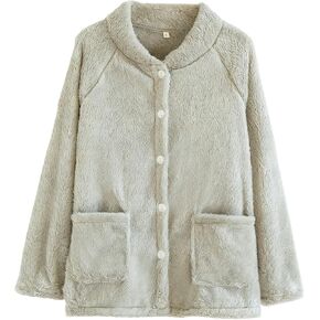 Oplxuo Women Cozy Warm Bed Jackets for Elderly Women Fuzzy Fleece Jacket Button Up Sleepwear Long Sleeve Winter Coats in Kuwait
