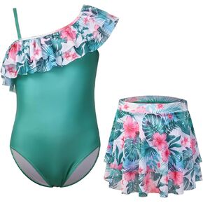 ملابس سباحة للفتيات من CHILDRENSTAR قطعة واحدة مع تنورة شبكية تغطي كتف واحد وكشكشة ملابس سباحة للأطفال من 4 إلى 13 سنة in Kuwait