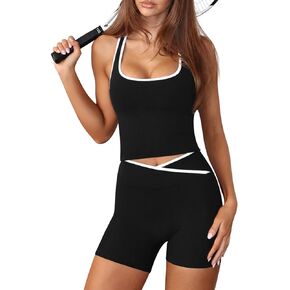 2 Piece Workout Sets For Women Contrast Trim Cute Yoga Gym Outfits Women Set Butt Lifting Biker Shorts Sports Bra Top in Kuwait
