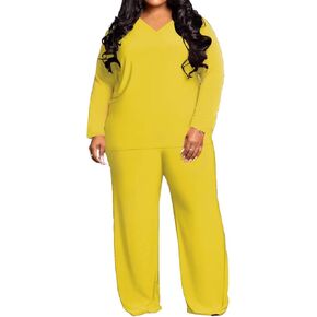 TOPSRANI Womens Plus Size Lounge Set V-Neck 2 Piece Outfits Sweatsuits Tracksuit Long Sleeve Baggy Wide Leg Pant Sets in Kuwait