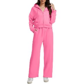 Women's 2 Piece Cotton Blend Sweatsuit Zip Up Hoodie Wide Leg Pants Matching Lounge Fall Spring in Saudi Arabia