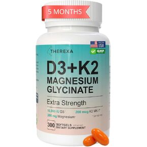مكمل فيتامين د3 ك2 من المغنيسيوم - قوة إضافية مع 10000 وحدة دولية من فيتامين د3 وجليسينات المغنيسيوم و200 ميكروجرام من مركب مكملات فيتامين ك2 MK-7 للنساء والرجال - 300 كبسولة هلامية in Kuwait