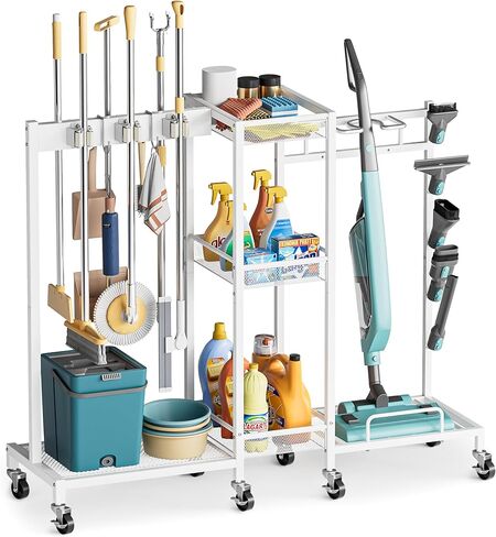 حامل مكنسة مع منظم لوازم التنظيف ، خزانة تخزين خزانة مكنسة مع موقف CADDY CADDY CARTH ، CLEANING CART مع خطاف رف MOP Hanger GRIPPER ، منظمة غرفة الغسيل الرئيسية in Kuwait