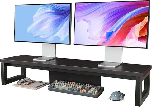 Dual Monitor Stand Riser, Wood and Steel Monitor Stand for Desk, Multi-Purpose Desk Shelf Organizer for Computer, Laptop, Printer, TV, Black in Kuwait