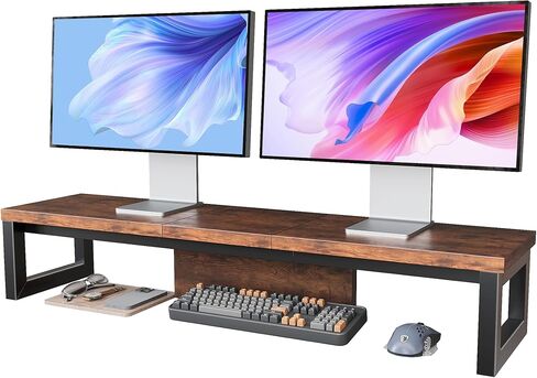 Dual Monitor Stand Riser, Wood and Steel Monitor Stand for Desk, Multi-Purpose Desk Shelf Organizer for Computer, Laptop, Printer, TV, Black in Kuwait