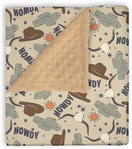 Mink Baby Boy Blanket Boho Western Howdy Cowboy Hat, Wild West Desert Cactus Sun Cow Soft Plush Double Layer Dotted Backing Receiving Swaddle, Newborn Infant Toddler Nursery Crib Bedding 30x40 in Kuwait