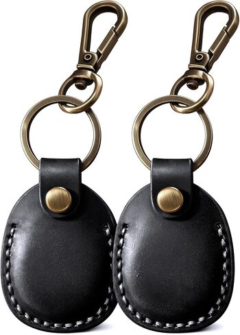 2 Pack Genuine Leather AirTag Holder Keychain - Durable Handmade Case With Keyring, Full Coverage Protective Cover Compatible for Apple AirTags - Brown in Kuwait