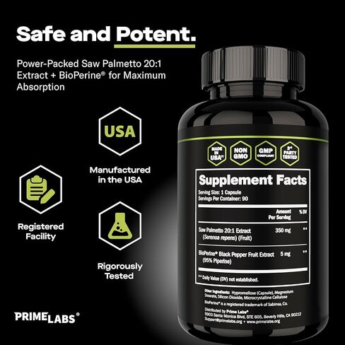 Prime Labs Saw Palmetto for Men - Prostate & Urinary Health Supplement, Hair Loss Support, DHT Blocker - 20:1 High-Potency 350mg of Saw Palmetto Extract per Serving - 90 Capsules / 90-Day Supply in Saudi Arabia