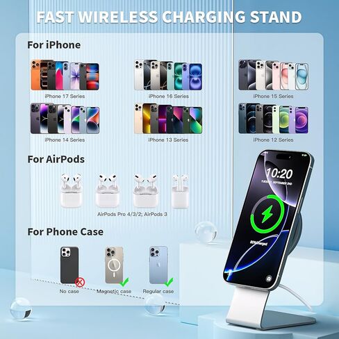 [Apple MFI Certified] شاحن لاسلكي iPhone 10ft ، وسادة شحن لاسلكية 15W مغناطيسي مع Kickstand for iPhone 17/17 Air/17 Pro Max/16 Pro Max/16 Plus/15 Pro Max/Airpods 3/Pro 2 ، Apple Mag Safe Charger in Kuwait