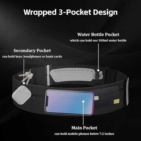 Running Belt for Women Men with Water Bottle & Cooling Towel,Waterproof Running Bag with Adjustable Extension Strap & 3 pocket, Reflective Belt Waist Pack for Hiking, Jogging & Travel (Black, Medium) in Saudi Arabia