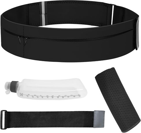 Running Belt for Women Men with Water Bottle & Cooling Towel,Waterproof Running Bag with Adjustable Extension Strap & 3 pocket, Reflective Belt Waist Pack for Hiking, Jogging & Travel (Black, Medium) in Kuwait