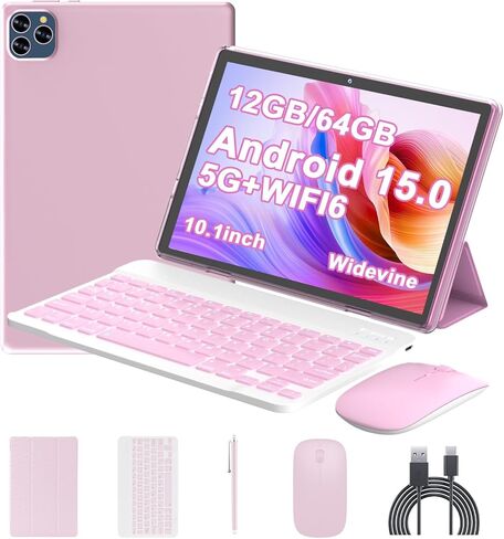 Android 15 Tablet 10 Inch, 12(3+9) GB RAM+64GB ROM, 2 in 1 Tablets with Keyboard Case Mouse Stylus, 1.8GHz Five-core Processor, 1280 * 800 IPS HD Screen, 5G WiFi6 BT 5.3, 8MP Camera Tableta PC in Kuwait