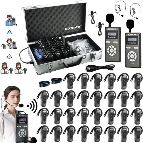 EXMAX EX-318 Wireless Tour Guide Voice Audio Transmission System Support one Click Mute and Shutdown Working for Meeting Teaching Training(2 Transmitters & 30 Receivers with 32-Slot Charging Case) in Saudi Arabia