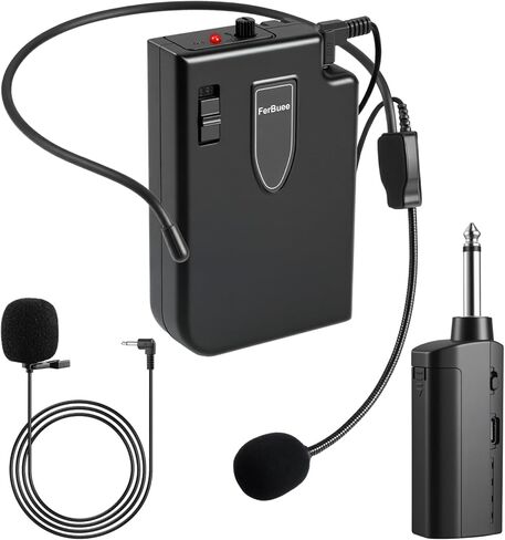 Wireless Microphone System with Headset Mic & Lavalier Lapel Mic, Portable Cordless Microphone Set, Bodypack Transmitter and Mini Receiver with 1/4'' & 1/8'' Plug, Ideal for Teaching, Speech in Saudi Arabia