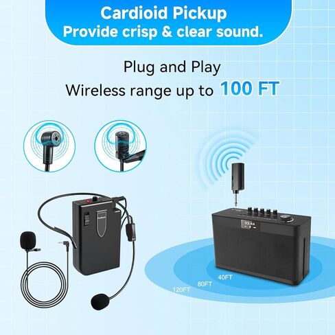 Wireless Microphone System with Headset Mic & Lavalier Lapel Mic, Portable Cordless Microphone Set, Bodypack Transmitter and Mini Receiver with 1/4'' & 1/8'' Plug, Ideal for Teaching, Speech in Saudi Arabia