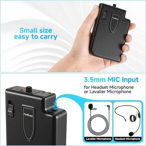 Wireless Microphone System with Headset Mic & Lavalier Lapel Mic, Portable Cordless Microphone Set, Bodypack Transmitter and Mini Receiver with 1/4'' & 1/8'' Plug, Ideal for Teaching, Speech in Saudi Arabia