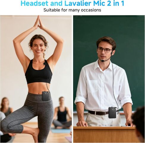Wireless Microphone System with Headset Mic & Lavalier Lapel Mic, Portable Cordless Microphone Set, Bodypack Transmitter and Mini Receiver with 1/4'' & 1/8'' Plug, Ideal for Teaching, Speech in Saudi Arabia
