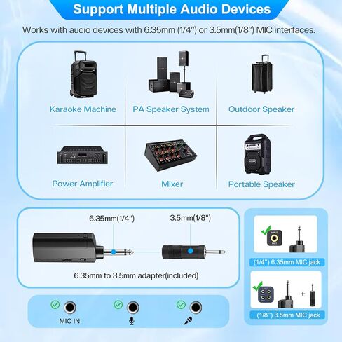 Wireless Microphone System with Headset Mic & Lavalier Lapel Mic, Portable Cordless Microphone Set, Bodypack Transmitter and Mini Receiver with 1/4'' & 1/8'' Plug, Ideal for Teaching, Speech in Saudi Arabia