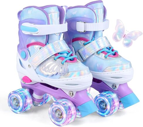 BABY JOY Roller Skates, 4-Size Adjustable Quad Skates for Girls Teens 9-14 w/Light-up Wheels & Safety Protection, Fun Illuminating Gifts for Indoor Outdoor Sports in Saudi Arabia