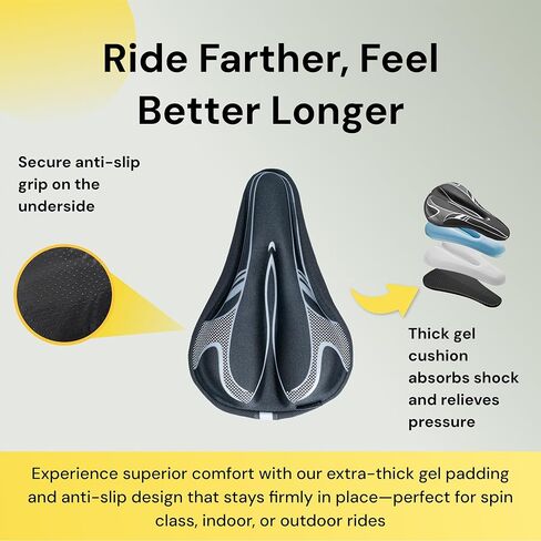 BraceUP Gel Bike Seat Cover for Women & Men, Padded Bicycle Seat Cushion with Extra Thick Silicone Sponge, Anti-Slip Design, for Stationary, Spin, and Indoor Cycling Bikes in Kuwait