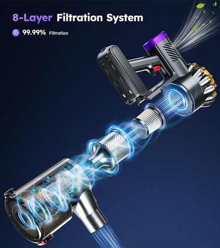 مكنسة كهربائية لاسلكية، مكنسة كهربائية مطورة بقدرة 550 وات 45 كيلو باسكال 60 دقيقة للمنزل، مكنسة كهربائية قائمة بذاتها مع شاشة LED، مكنسة كهربائية لاسلكية خفيفة الوزن مضادة للتشابك 8 في 1 لسجاد شعر الحيوانات الأليفة والأرضيات الصلبة in Kuwait