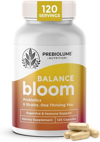 Balance Bloom Probiotics - 6 Strains Daily Synbiotic Supplement, Supports Digestive & Immune function, 750 Million CFU per Serving, Prebiotics (FOS & XOS), Gut-Brain Health, Shelf-stable, 120 Capsules in Saudi Arabia