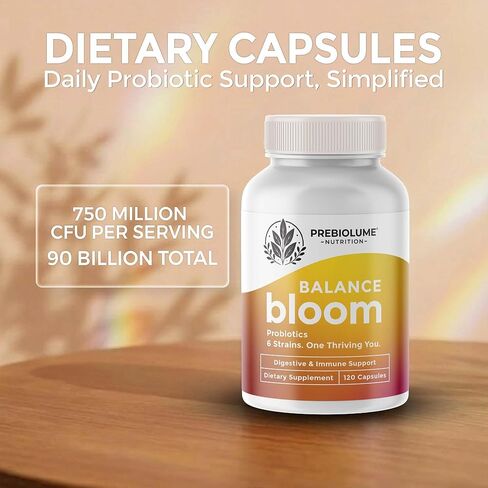 Balance Bloom Probiotics - 6 Strains Daily Synbiotic Supplement, Supports Digestive & Immune function, 750 Million CFU per Serving, Prebiotics (FOS & XOS), Gut-Brain Health, Shelf-stable, 120 Capsules in Saudi Arabia