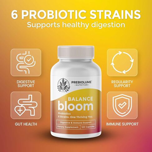 Balance Bloom Probiotics - 6 Strains Daily Synbiotic Supplement, Supports Digestive & Immune function, 750 Million CFU per Serving, Prebiotics (FOS & XOS), Gut-Brain Health, Shelf-stable, 120 Capsules in Saudi Arabia