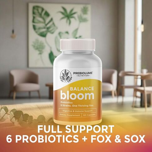Balance Bloom Probiotics - 6 Strains Daily Synbiotic Supplement, Supports Digestive & Immune function, 750 Million CFU per Serving, Prebiotics (FOS & XOS), Gut-Brain Health, Shelf-stable, 120 Capsules in Saudi Arabia