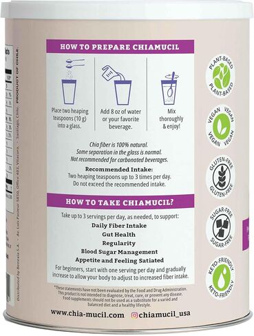 Chiamucil Prebiotic Chia Fiber Supplement Powder – For Appetite Control & Digestive Health – Chia Fiber & Chicory Root (Inulin) – Gluten & Sugar Free, Vegan, Non-GMO, Unflavored - 100 servings in Saudi Arabia