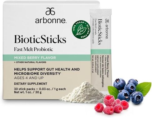 Arbonne BioticSticks Fast Melt Probiotic for Gut Health – Probiotics for Women, Men, and Kids – Gut Health Supplement – Vegan, Gluten-Free, Non-GMO – Mixed Berry Flavor – 30 Stick Packs in Saudi Arabia