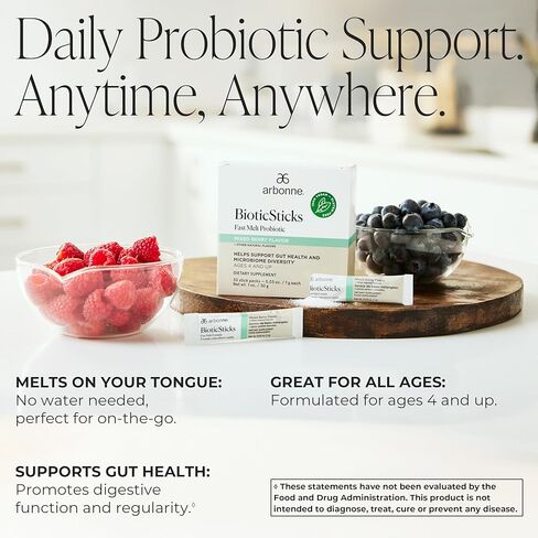 Arbonne BioticSticks Fast Melt Probiotic for Gut Health – Probiotics for Women, Men, and Kids – Gut Health Supplement – Vegan, Gluten-Free, Non-GMO – Mixed Berry Flavor – 30 Stick Packs in Saudi Arabia