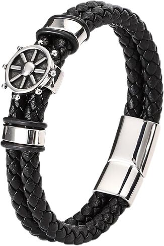 Men's Braided Bracelet Stainless Steel Silver with Clasp Leather Bracelet Boat Rudder Jewelry Gifts in Kuwait