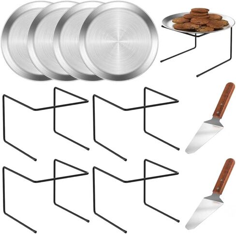 4 PCS Pizza Stand Holder, Black Metal Pizza Pan Display Stands for Buffet Restaurant Home, 4 Pizza Pan and 2 Wood Handle Pie Server in Kuwait