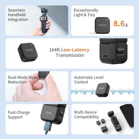 VRIG MC-02 Wireless Microphone Kit (2 TX + 1 RX + Charging Case) for DJI Osmo Pocket 3, Mini Wireless Lavalier Microphone, Magnetic Attachment, Noise Cancellation, 30Hrs Use, Vlog, Live Streaming in Saudi Arabia
