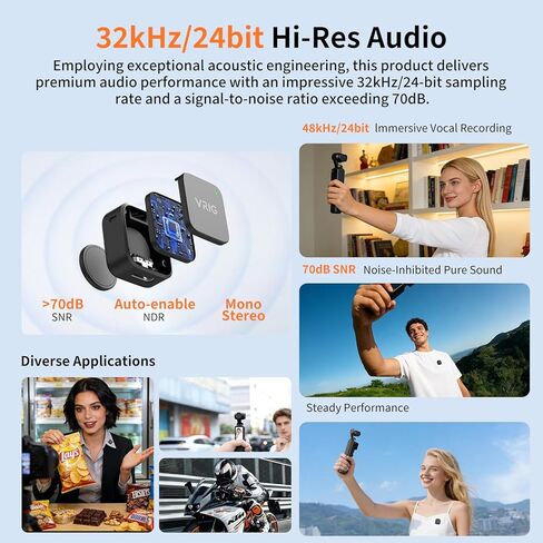 VRIG MC-02 Wireless Microphone Kit (2 TX + 1 RX + Charging Case) for DJI Osmo Pocket 3, Mini Wireless Lavalier Microphone, Magnetic Attachment, Noise Cancellation, 30Hrs Use, Vlog, Live Streaming in Saudi Arabia