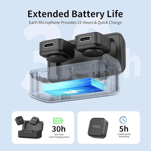 VRIG MC-02 Wireless Microphone Kit (2 TX + 1 RX + Charging Case) for DJI Osmo Pocket 3, Mini Wireless Lavalier Microphone, Magnetic Attachment, Noise Cancellation, 30Hrs Use, Vlog, Live Streaming in Saudi Arabia