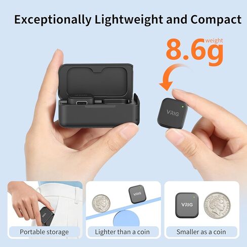 VRIG MC-02 Wireless Microphone Kit (2 TX + 1 RX + Charging Case) for DJI Osmo Pocket 3, Mini Wireless Lavalier Microphone, Magnetic Attachment, Noise Cancellation, 30Hrs Use, Vlog, Live Streaming in Saudi Arabia
