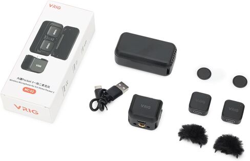 VRIG MC-02 Wireless Microphone Kit (2 TX + 1 RX + Charging Case) for DJI Osmo Pocket 3, Mini Wireless Lavalier Microphone, Magnetic Attachment, Noise Cancellation, 30Hrs Use, Vlog, Live Streaming in Saudi Arabia