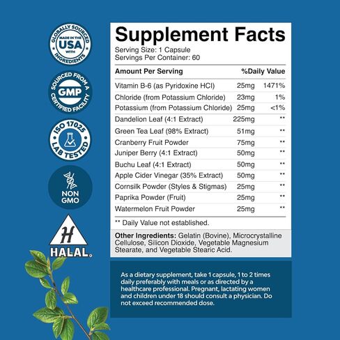 Natural Diuretic Water Away Pills Vitamin B6 Potassium & Dandelion Root Extract Water Retention Anti-Bloating and Swelling Capsules Weight Loss for Women & Men with Antioxidant Green Tea - 60 Count in Saudi Arabia