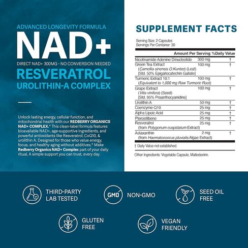 NAD Supplement with Direct NAD+ 300mg (NAD Plus) | Advanced Longevity Complex with Urolithin A & Resveratrol | NMN Alternative | 60 Capsules | Non-GMO, Gluten Free | Made in USA in Saudi Arabia