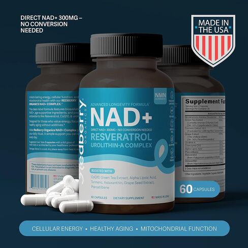 NAD Supplement with Direct NAD+ 300mg (NAD Plus) | Advanced Longevity Complex with Urolithin A & Resveratrol | NMN Alternative | 60 Capsules | Non-GMO, Gluten Free | Made in USA in Saudi Arabia
