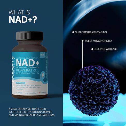 NAD Supplement with Direct NAD+ 300mg (NAD Plus) | Advanced Longevity Complex with Urolithin A & Resveratrol | NMN Alternative | 60 Capsules | Non-GMO, Gluten Free | Made in USA in Saudi Arabia