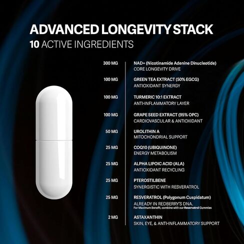 NAD Supplement with Direct NAD+ 300mg (NAD Plus) | Advanced Longevity Complex with Urolithin A & Resveratrol | NMN Alternative | 60 Capsules | Non-GMO, Gluten Free | Made in USA in Saudi Arabia