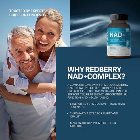 NAD Supplement with Direct NAD+ 300mg (NAD Plus) | Advanced Longevity Complex with Urolithin A & Resveratrol | NMN Alternative | 60 Capsules | Non-GMO, Gluten Free | Made in USA in Saudi Arabia
