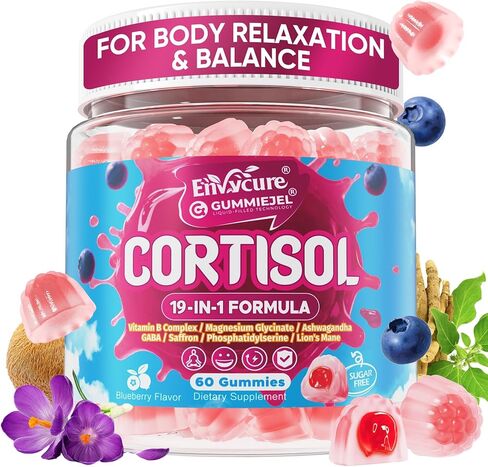 علكات الكورتيزول للنساء والرجال، مكمل مخفض للكورتيزول 19 في 1 مع فيتامينات ب، جليسينات المغنيسيوم، الأشواغاندا، الزعفران، عرف الأسد، ريشي للاسترخاء، التركيز ودعم التوازن، 60 قطعة in Kuwait